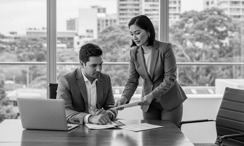 Two people in suits sitting across a desk that has paperwork on it with the emblem of the Australian Government over the title 'Australian Taxation Office', Worrells