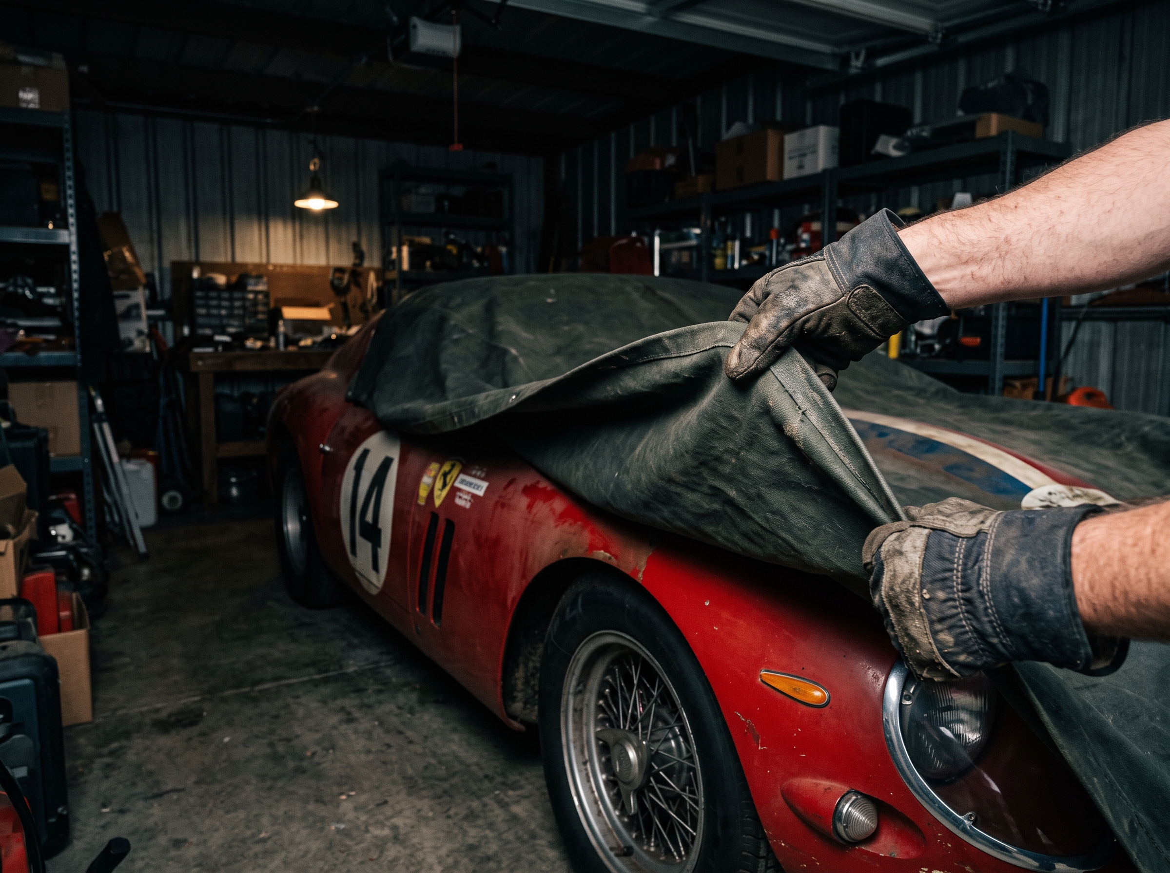 vintage racing car being covered with a tarp