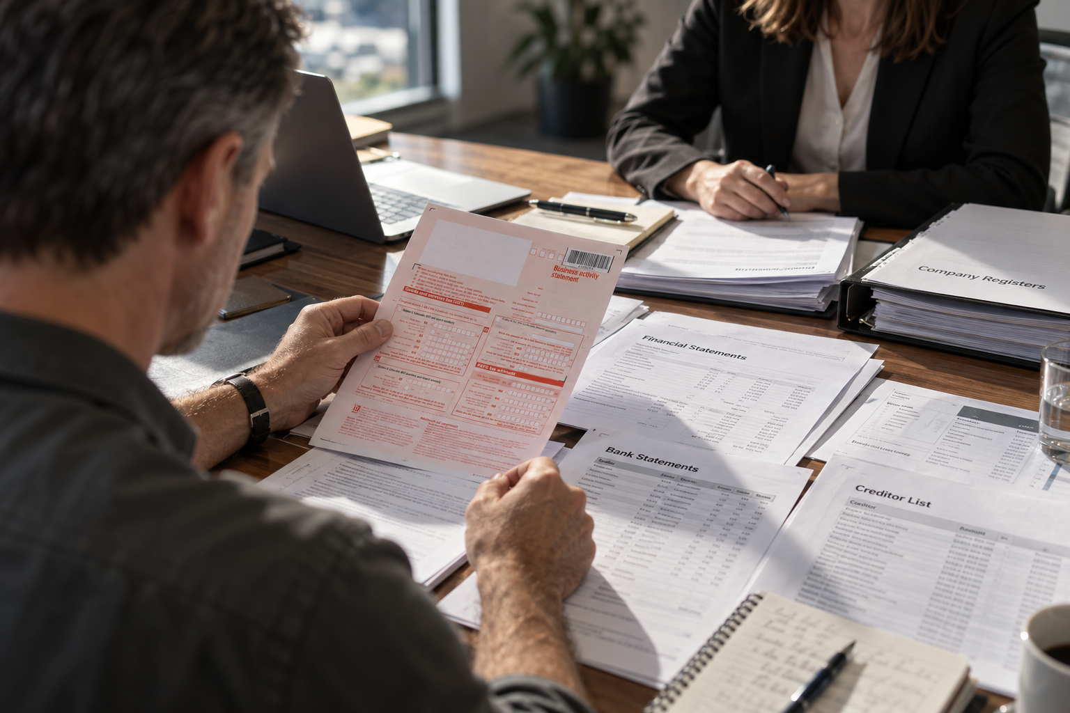 Office worker reviewing documents on a tablet in a meeting room filled with files, folders and paperwork.