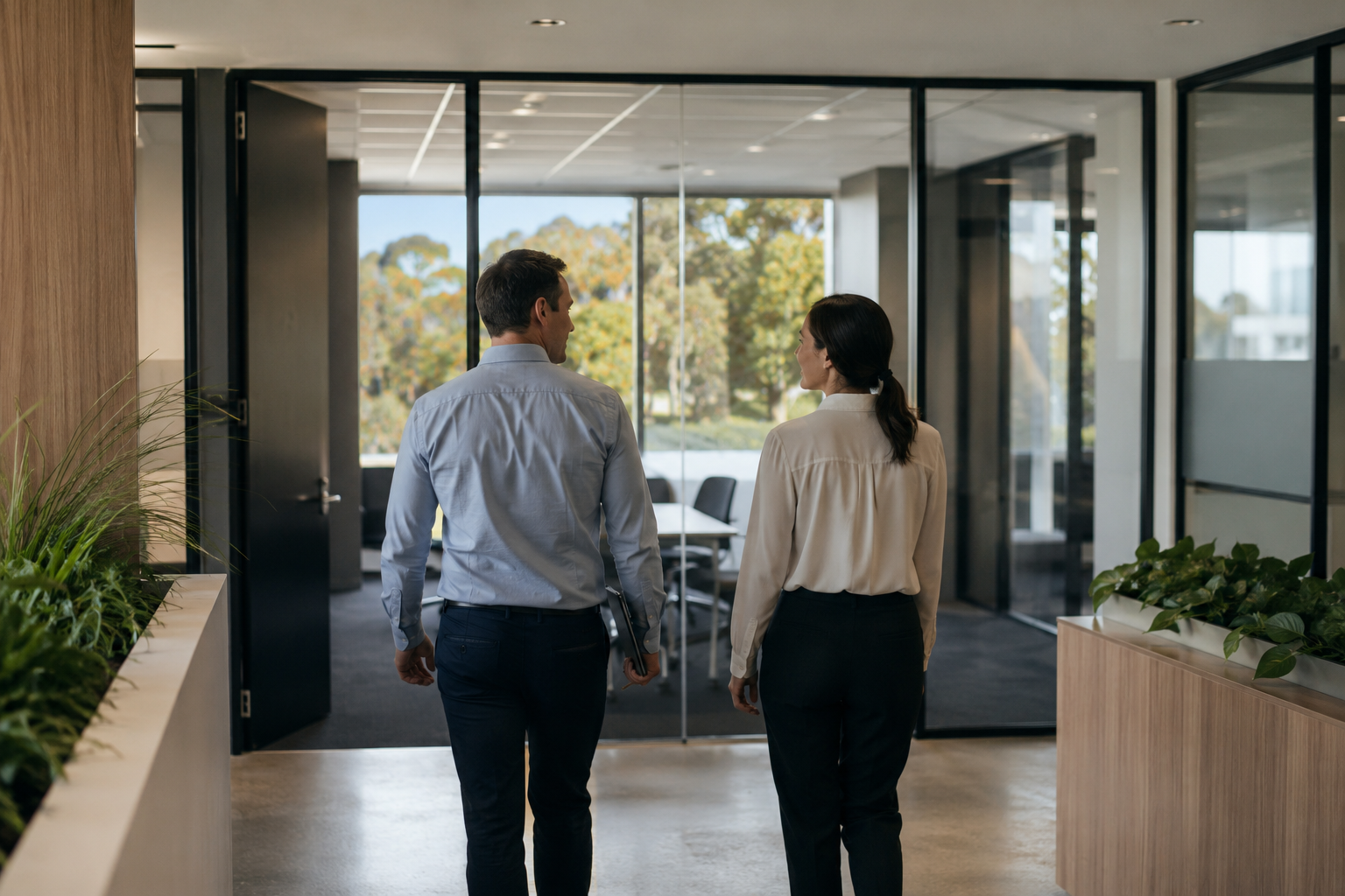Two people in a meeting room discussing documents across a table with a city view behind them.