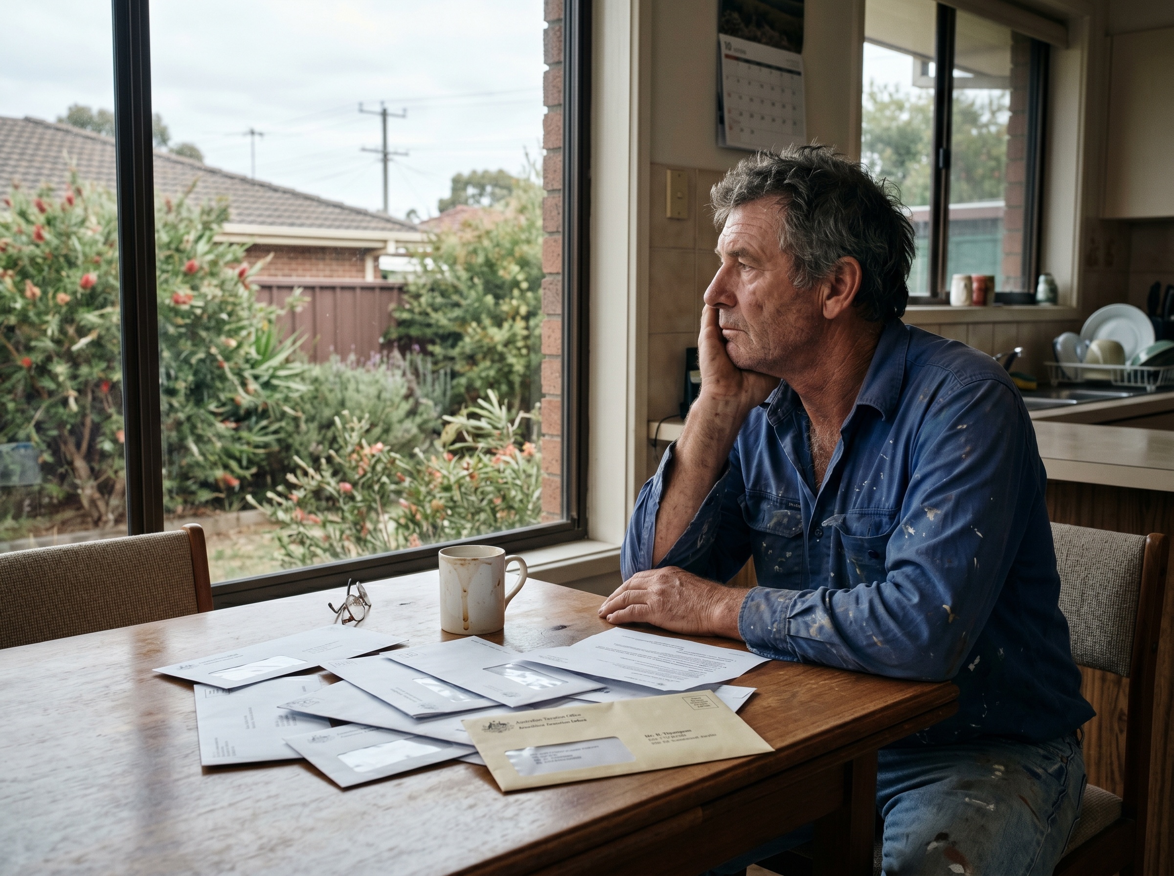 Person seated at a kitchen table reviewing bills and paperwork beside a mug, with envelopes spread out in front