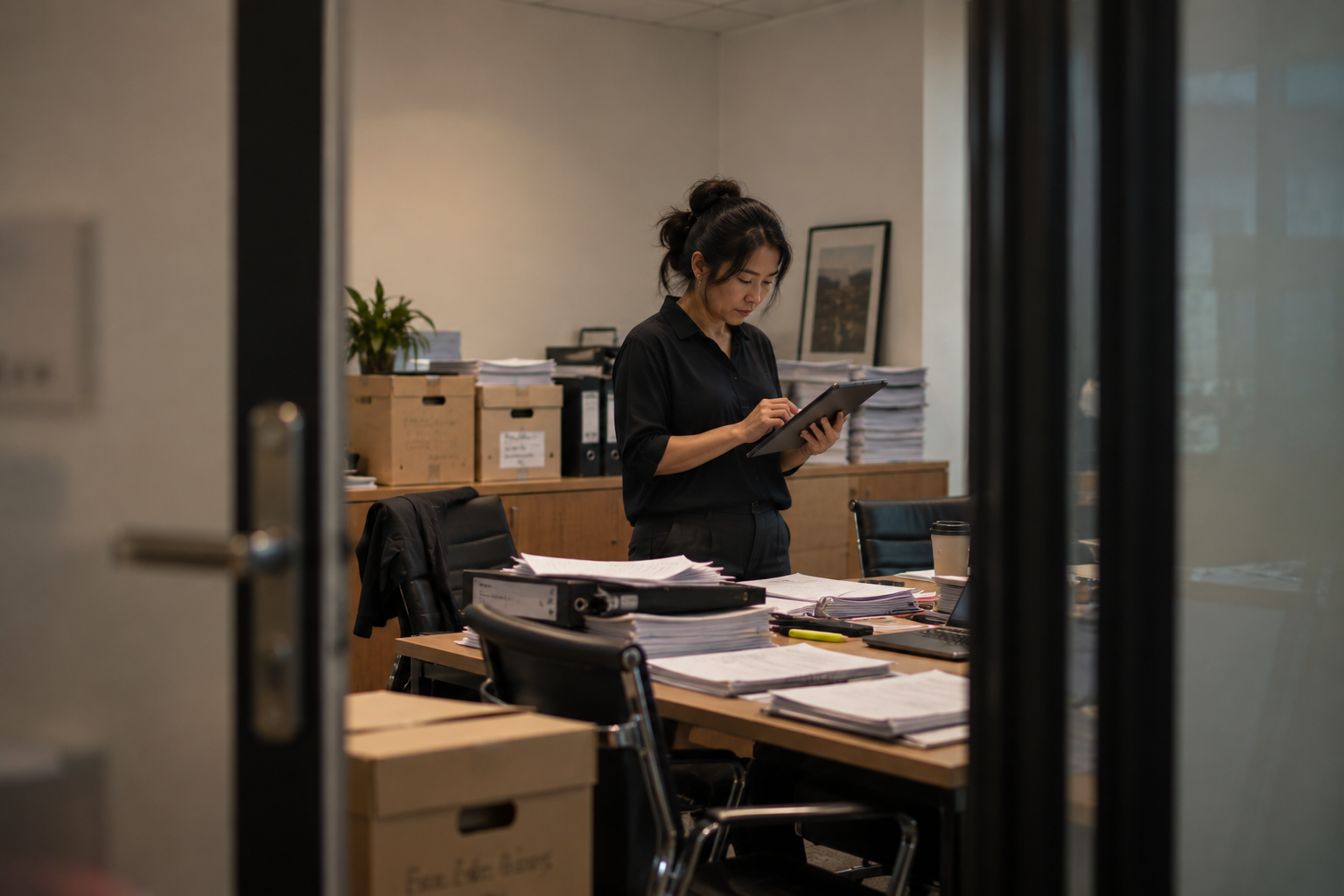 Person reviewing paperwork on a clipboard inside a small business premises with packing boxes and equipment nearby.