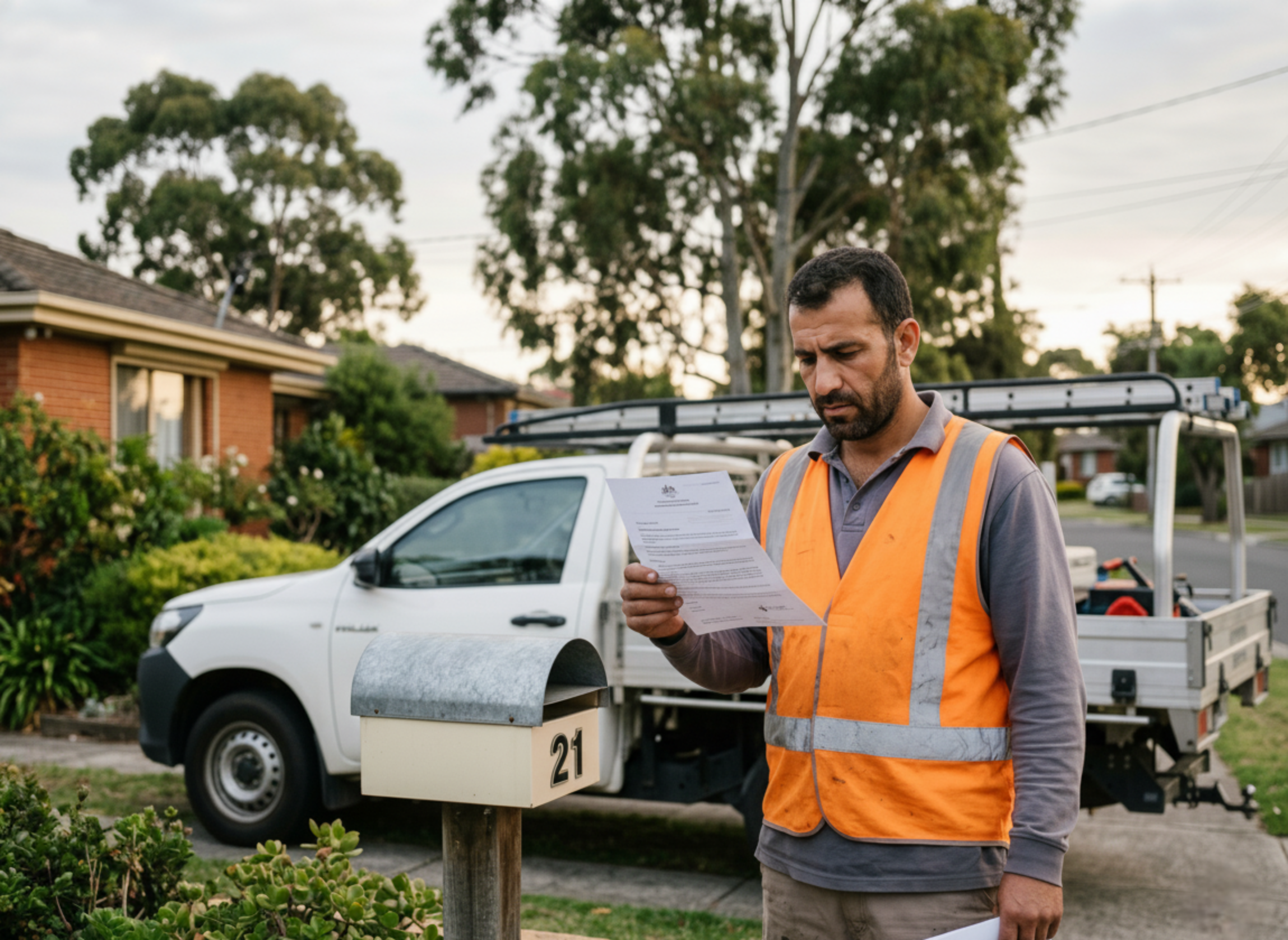 Person in a high-visibility vest reading a letter beside a residential mailbox, with a work truck parked in the driveway.