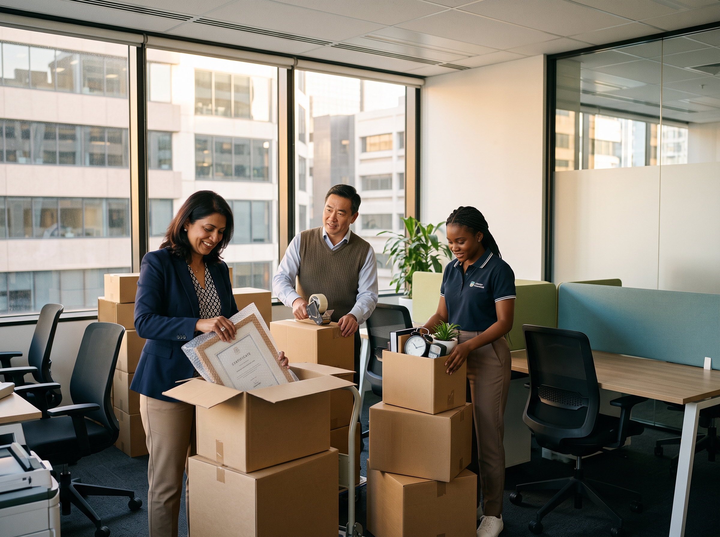 Person reviewing paperwork at a table surrounded by moving boxes in a residential setting.