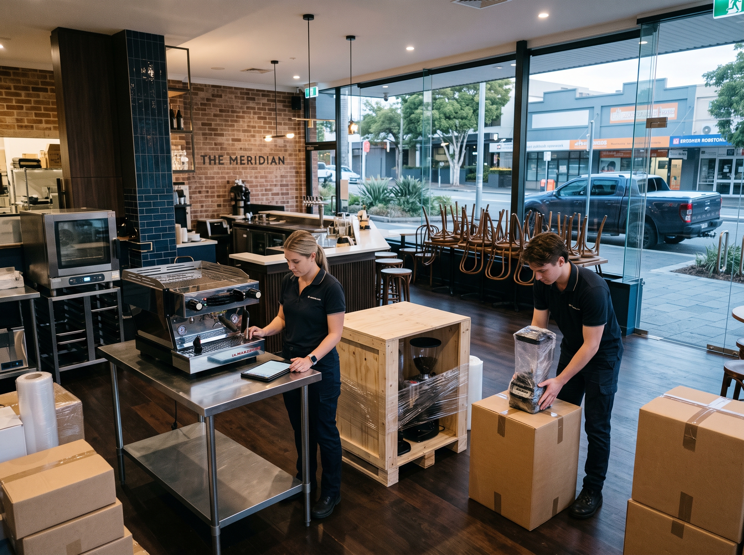 People packing and preparing café equipment and furniture for removal during a business liquidation process.