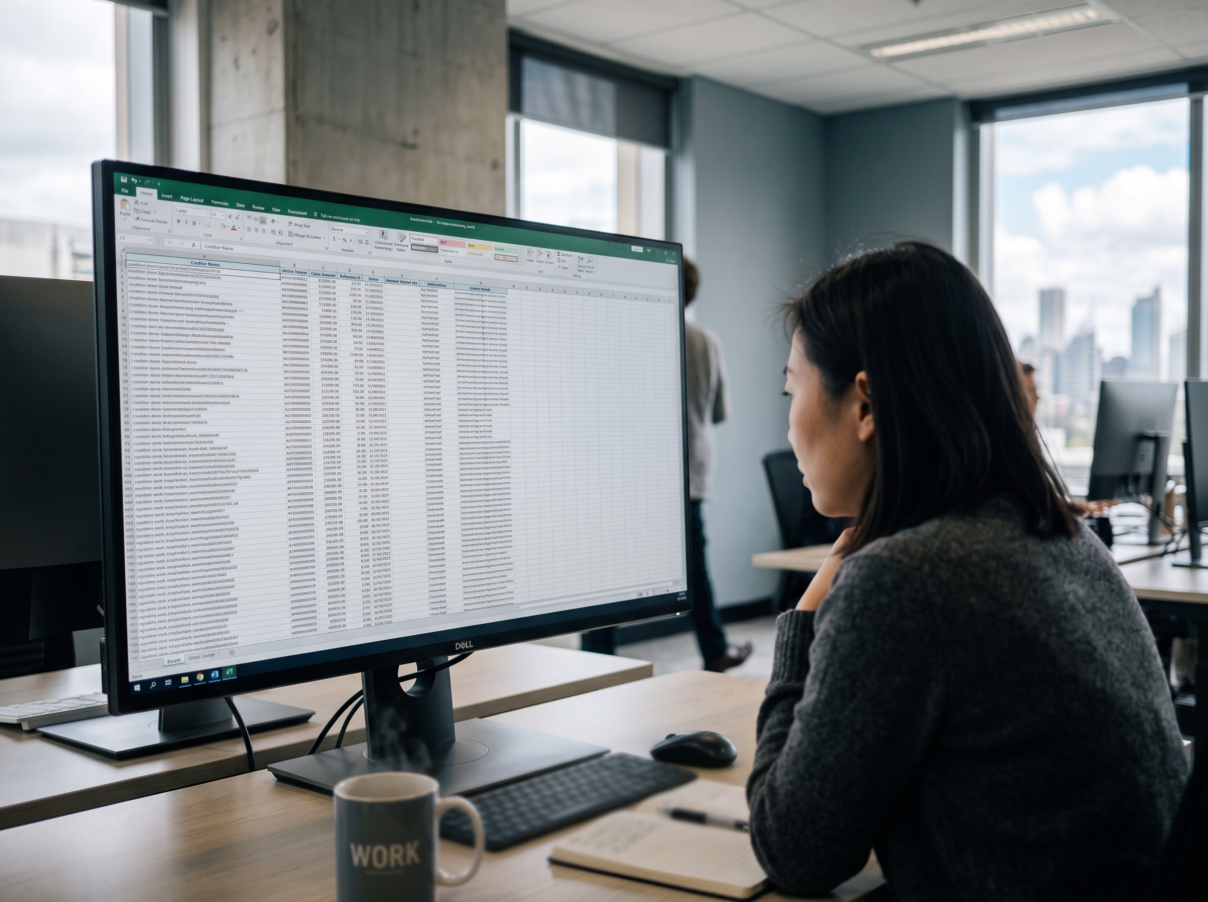 Office worker reviewing a large spreadsheet on a desktop monitor in a modern workplace. Worrells.